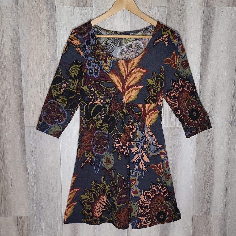 Reborn Womens Large Fit And‎ Flare Dress Floral 3/4 Sleeve Stretch Colorful
